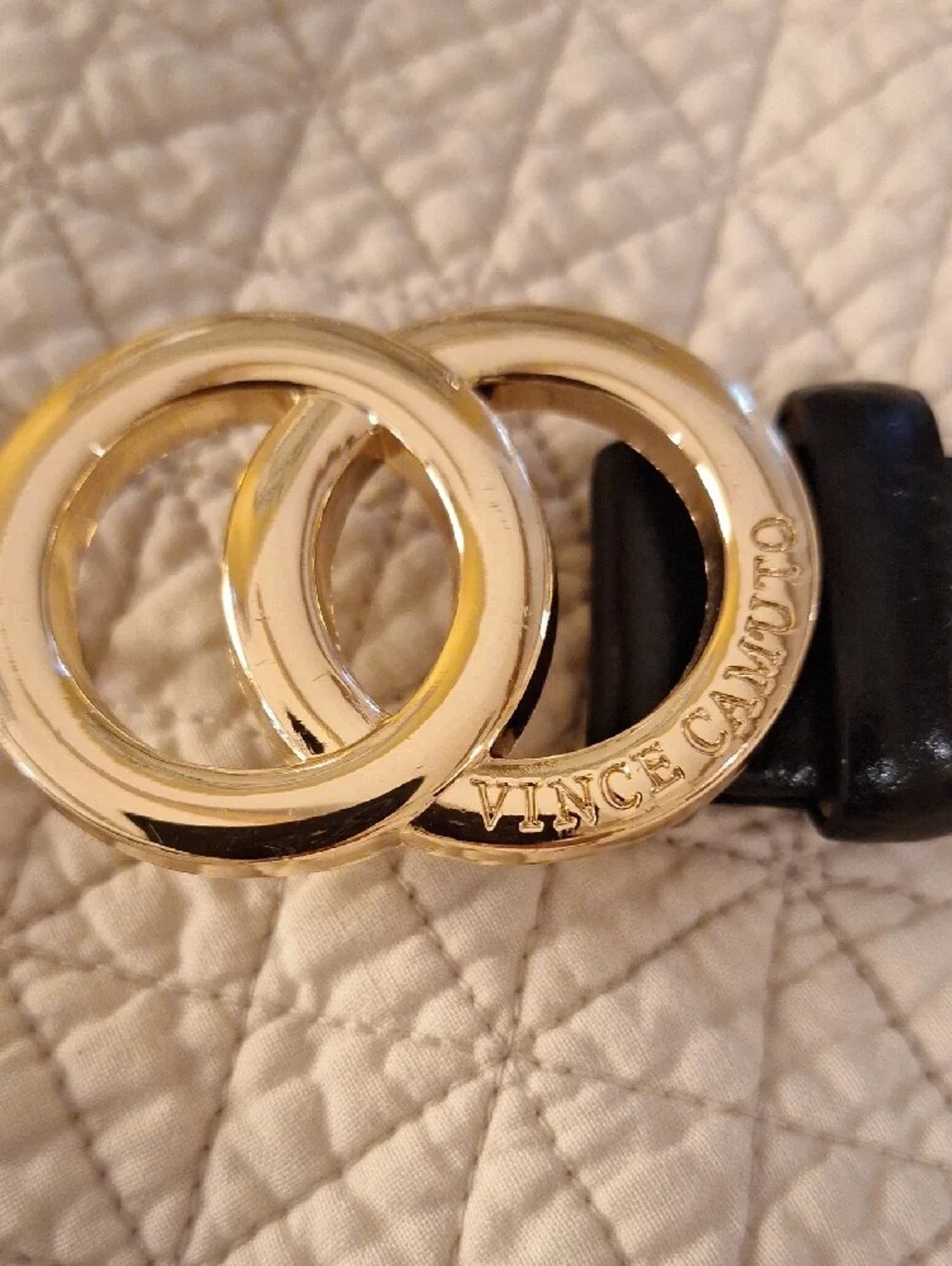 Vince Camuto Black Leather Women's Belt with Gold Double-Ring Buckle